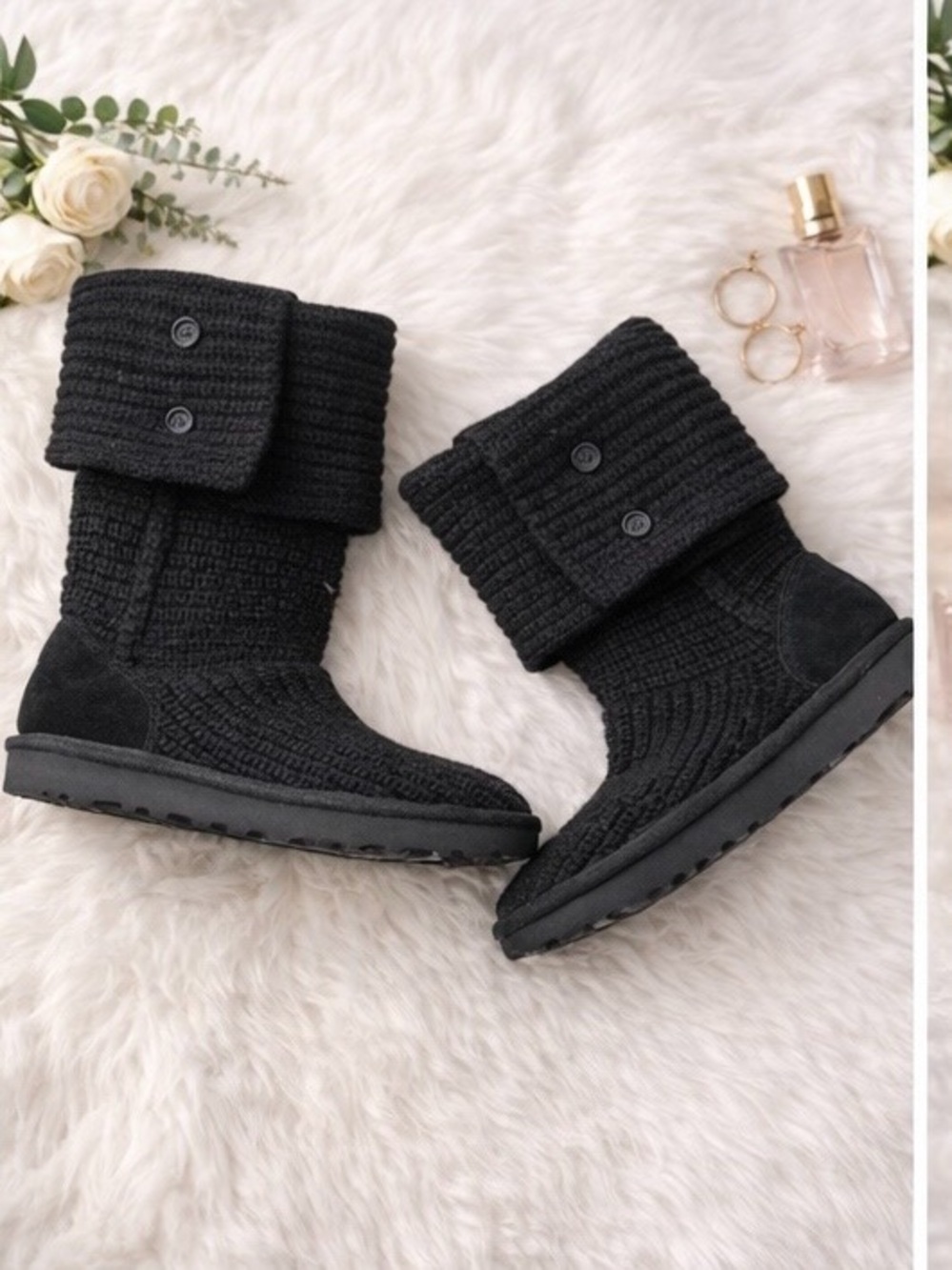 Cozy Black Knit Fold-Over Booties New With Tags! - Picture 2 of 5